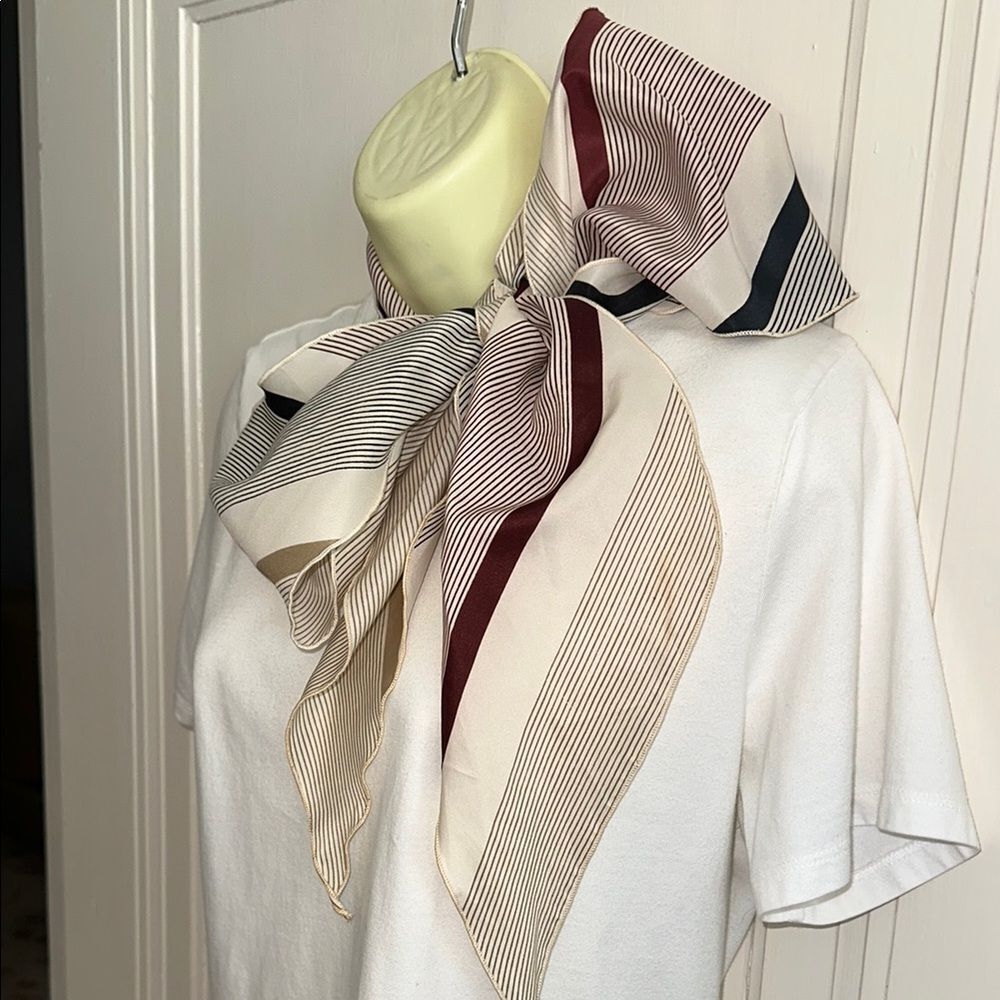 Vintage 70s/80s Cream,‎ Maroon, Black  & Tan Striped Long Polyester Scarf
